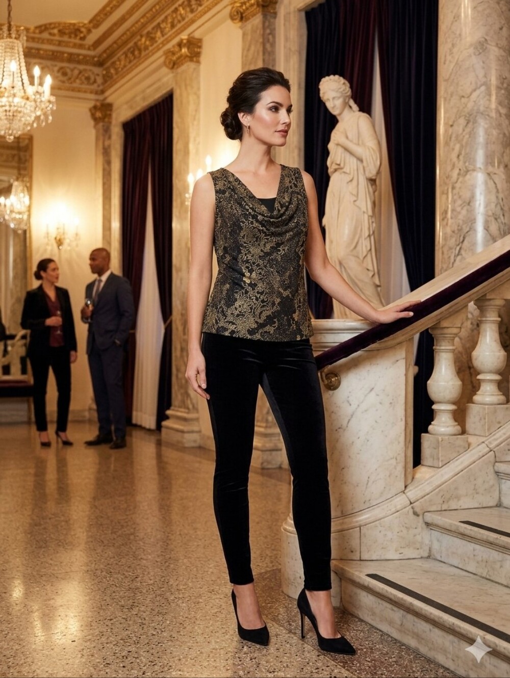 Evening Drapeneck Tank with Gold Accents